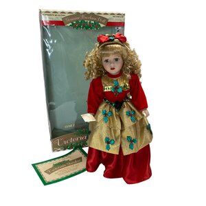 Victoria Porcelain Doll 1998 Holiday Edition Red Gold Dress Vintage Christmas